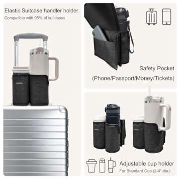 LebenHaus 2 in 1 Luggage Cup Holder for Suitcase|Airplane Tray Table Carry on Hands Free Drink Carrier for Stanley Tumblers Coffee Beverage Organizer Gifts for Travelers (Black)