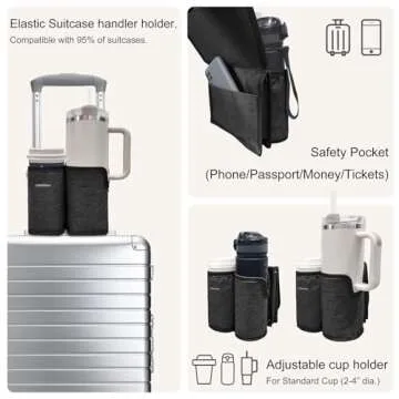 LebenHaus 2 in 1 Luggage Cup Holder for Suitcase|Airplane Tray Table Carry on Hands Free Drink Carrier for Stanley Tumblers Coffee Beverage Organizer Gifts for Travelers (Black)