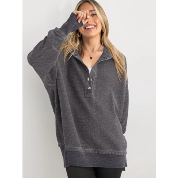 PRETTYGARDEN Fall Tops for Women 2024 Button Up Oversized Hoodie Sweatshirt Lightweight Loose Fit Long Sleeve Pullover Tops(Dark Grey,Large)