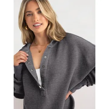 PRETTYGARDEN Fall Tops for Women 2024 Button Up Oversized Hoodie Sweatshirt Lightweight Loose Fit Long Sleeve Pullover Tops(Dark Grey,Large)