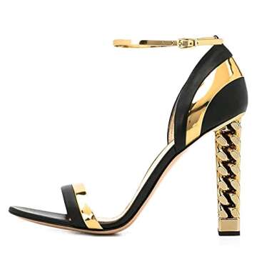 FSJ Women Fashion Gold Metal Chain Chunky High Heels Ankle Strap Sandals Open Toe Fashion Party Shoe...