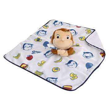 NoJo Welcome to The Universe Baby Curious George White, Blue, Red, Yellow and Brown Plush Security Baby Blanket