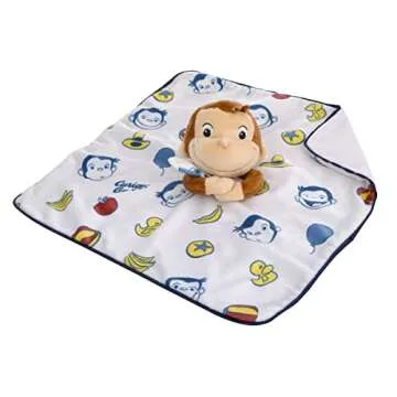 NoJo Welcome to The Universe Baby Curious George White, Blue, Red, Yellow and Brown Plush Security Baby Blanket