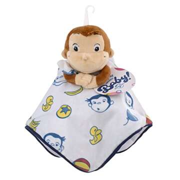 NoJo Welcome to The Universe Baby Curious George White, Blue, Red, Yellow and Brown Plush Security Baby Blanket