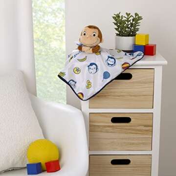 NoJo Welcome to The Universe Baby Curious George White, Blue, Red, Yellow and Brown Plush Security Baby Blanket