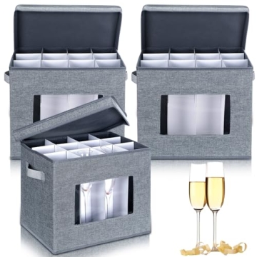 Norme 3 Pcs Wine Glasses Storage Box with Dividers, 12 Compartments Champagne Flute Storage Box with...