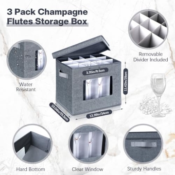 Norme 3 Pcs Wine Glasses Storage Box with Dividers, 12 Compartments Champagne Flute Storage Box with Lid Handle Window China Storage Containers Holder for Moving (Champagne Flute Size,Gray)