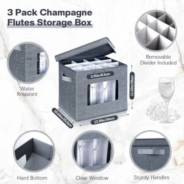 Norme 3 Pcs Wine Glasses Storage Box with Dividers, 12 Compartments Champagne Flute Storage Box with Lid Handle Window China Storage Containers Holder for Moving (Champagne Flute Size,Gray)