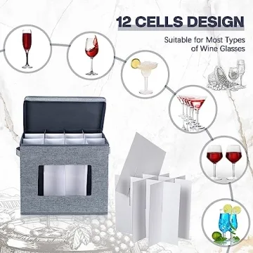 Norme 3 Pcs Wine Glasses Storage Box with Dividers, 12 Compartments Champagne Flute Storage Box with Lid Handle Window China Storage Containers Holder for Moving (Champagne Flute Size,Gray)