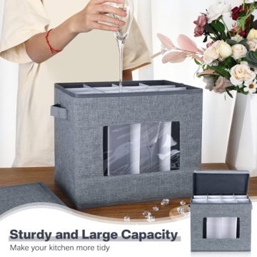 Norme 3 Pcs Wine Glasses Storage Box with Dividers, 12 Compartments Champagne Flute Storage Box with Lid Handle Window China Storage Containers Holder for Moving (Champagne Flute Size,Gray)