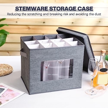 Norme 3 Pcs Wine Glasses Storage Box with Dividers, 12 Compartments Champagne Flute Storage Box with Lid Handle Window China Storage Containers Holder for Moving (Champagne Flute Size,Gray)