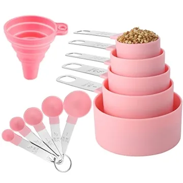 Huygens Kitchen Gadgets Measuring Cups and Spoons Set - 10 Piece Stackable Pink Set with Stainless S...