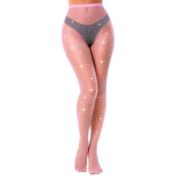 VEBZIN Pink Rhinestone Fishnets Leggings High Waist Stockings Sparkly Fishnet Tights for Women Mesh ...