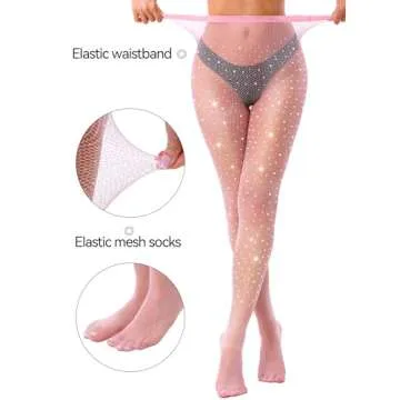VEBZIN Pink Rhinestone Fishnet High Waist Leggings for Women