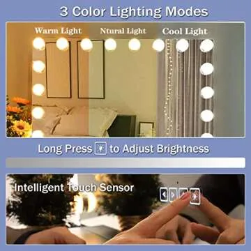 COOLJEEN 31.5x23.6 Large Hollywood Beauty Makeup Mirror with Bluetooth 18 LED Bulbs Large Lighting Cosmetic Vanity 3 Color Lighting Modes Makeup Mirror with USB Charging Port (Black, Bluetooth)