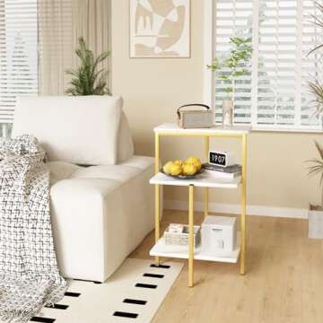 AWQM Marble Side End Table, 3-Tier Sofa Side Table,Small Rectangle Coffee Table Bedside Table, Corner Table w/Metal Frame, Foot Caps,Modern Accent Home Decor for Living Room Bedroom