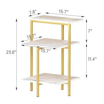 AWQM Marble Side End Table, 3-Tier Sofa Side Table,Small Rectangle Coffee Table Bedside Table, Corner Table w/Metal Frame, Foot Caps,Modern Accent Home Decor for Living Room Bedroom