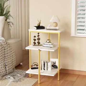 AWQM Marble Side End Table, 3-Tier Sofa Side Table,Small Rectangle Coffee Table Bedside Table, Corner Table w/Metal Frame, Foot Caps,Modern Accent Home Decor for Living Room Bedroom