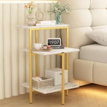 AWQM Marble Side End Table, 3-Tier Sofa Side Table,Small Rectangle Coffee Table Bedside Table, Corner Table w/Metal Frame, Foot Caps,Modern Accent Home Decor for Living Room Bedroom