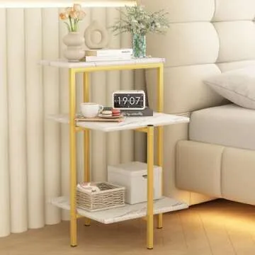 AWQM Marble Side End Table, 3-Tier Sofa Side Table,Small Rectangle Coffee Table Bedside Table, Corner Table w/Metal Frame, Foot Caps,Modern Accent Home Decor for Living Room Bedroom