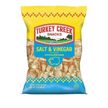 Turkey Creek - America’s Best Fried Pork Skins, offers a 12-Bag Straight Pack of its Salt & Vinegar Pork Rinds. These Pork Skin Chips(Chicharrones) are packed with Salt & Vinegar 12 - 2.0 oz bags.