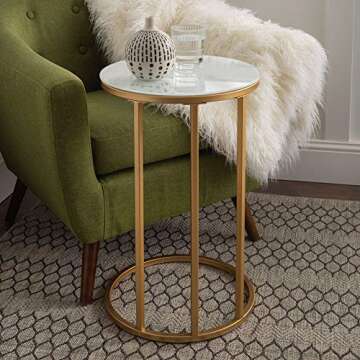 Walker Edison Ophelia Contemporary Metal and Glass Round C Accent Table, 16 Inch, Marble and Gold
