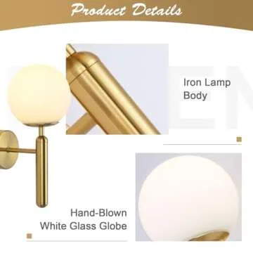 KCO Lighting Brass Globe Wall Sconce Milk Glass Wall Sconce Mid Century Modern Wall Sconce Brushed Gold Wall Sconce Vintage Bathroom Vanity Sconces Wall Lighting Indoor Hallway Wall Lights