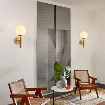 KCO Lighting Brass Globe Wall Sconce Milk Glass Wall Sconce Mid Century Modern Wall Sconce Brushed Gold Wall Sconce Vintage Bathroom Vanity Sconces Wall Lighting Indoor Hallway Wall Lights