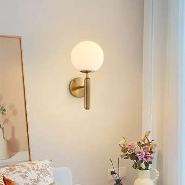 KCO Lighting Brass Globe Wall Sconce Milk Glass Wall Sconce Mid Century Modern Wall Sconce Brushed Gold Wall Sconce Vintage Bathroom Vanity Sconces Wall Lighting Indoor Hallway Wall Lights