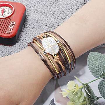 Fesciory Leopard Bracelet for Women, Boho Leather Wrap Multi-Layer Pearl Crystal Bracelet Bangle Jew...