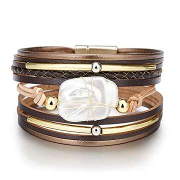 Fesciory Leopard Bracelet for Women, Boho Leather Wrap Multi-Layer Pearl Crystal Bracelet Bangle Jewelry(Brown Leather(Pearl))