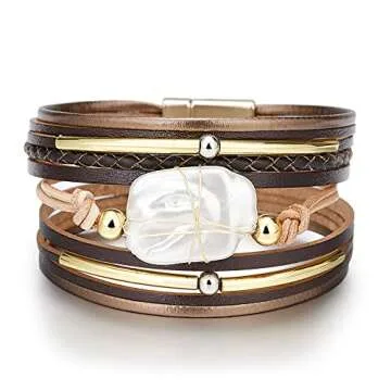 Fesciory Leopard Bracelet for Women, Boho Leather Wrap Multi-Layer Pearl Crystal Bracelet Bangle Jewelry(Brown Leather(Pearl))