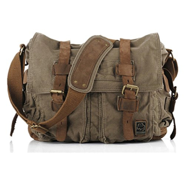 Sechunk Vintage Military Leather Canvas Laptop Bag Messenger Bags Medium (Army Green)