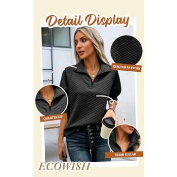 ECOWISH Womens Sweateshirt Quarter Zip: Fall Fashion 2025 Tops Winter Oversized Hoodie Ribbed Qulited Pullover V Neck Outfit