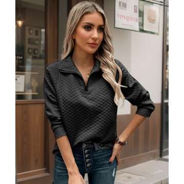 ECOWISH Womens Sweateshirt Quarter Zip: Fall Fashion 2025 Tops Winter Oversized Hoodie Ribbed Qulited Pullover V Neck Outfit