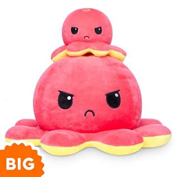 TeeTurtle - Original Reversible Big Octopus Plushie - Red + Yellow - Huggable and Soft Sensory Fidget Toy Stuffed Animals That Show Your Mood - Gift for Kids and Adults!