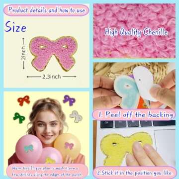 Unique 8 PCS Pink Bow Chenille Self Adhesive Patches