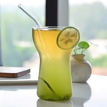 Ework4U 2 Pcs Iced Coffee Glasses Cup with Glass Straws 14oz Drinking Glass Cup Set,Iced Latte Glasses,Cocktail Glasses,Beer Glasses,Ideal for Water,Soda,Tea,Gift - with Cleaning Brushe