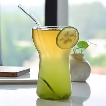 Ework4U 2 Pcs Iced Coffee Glasses Cup with Glass Straws 14oz Drinking Glass Cup Set,Iced Latte Glasses,Cocktail Glasses,Beer Glasses,Ideal for Water,Soda,Tea,Gift - with Cleaning Brushe