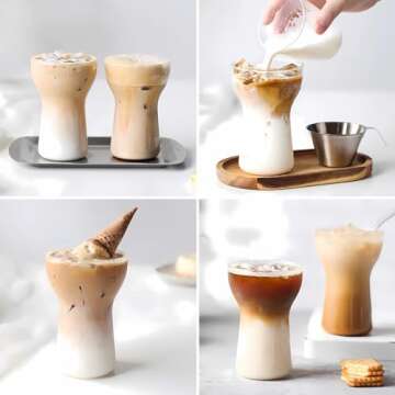 Ework4U 2 Pcs Iced Coffee Glasses Cup with Glass Straws 14oz Drinking Glass Cup Set,Iced Latte Glasses,Cocktail Glasses,Beer Glasses,Ideal for Water,Soda,Tea,Gift - with Cleaning Brushe