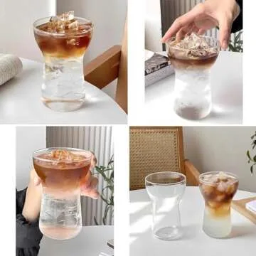 Ework4U 2 Pcs Iced Coffee Glasses Cup with Glass Straws 14oz Drinking Glass Cup Set,Iced Latte Glasses,Cocktail Glasses,Beer Glasses,Ideal for Water,Soda,Tea,Gift - with Cleaning Brushe