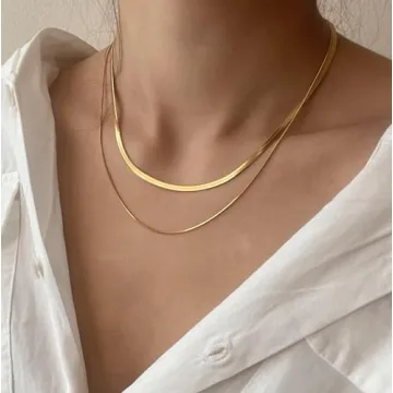 Tewiky 14k Gold Herringbone Necklace Set for Women