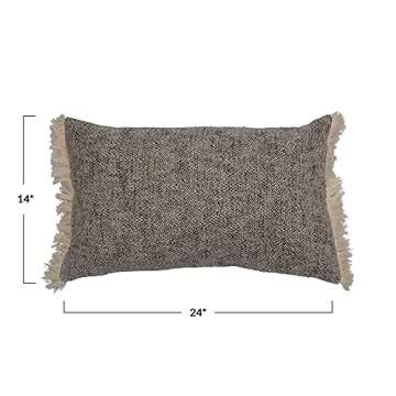 Creative Co-Op Polyester Woven Cotton Lumbar Chambray Back & Fringe Pillow, Black & Cream