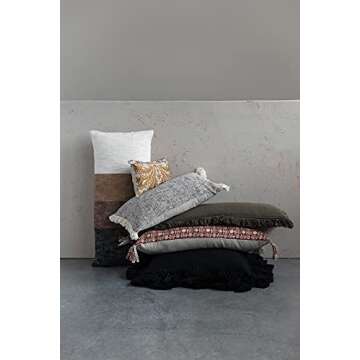 Creative Co-Op Polyester Woven Cotton Lumbar Chambray Back & Fringe Pillow, Black & Cream