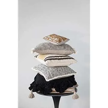 Creative Co-Op Polyester Woven Cotton Lumbar Chambray Back & Fringe Pillow, Black & Cream