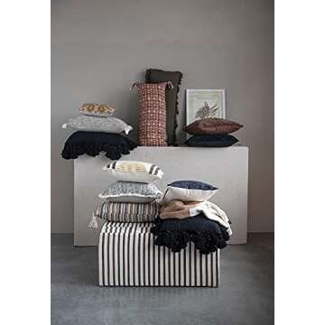 Creative Co-Op Polyester Woven Cotton Lumbar Chambray Back & Fringe Pillow, Black & Cream