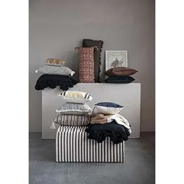 Creative Co-Op Polyester Woven Cotton Lumbar Chambray Back & Fringe Pillow, Black & Cream