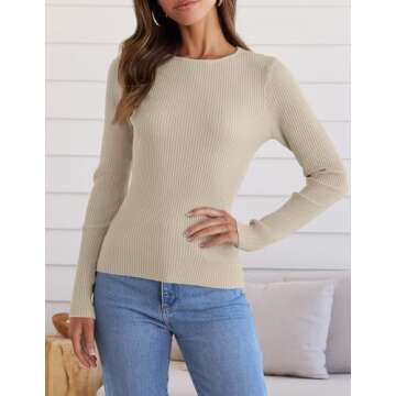 ZESICA Women's Long Sleeve Crewneck Shirts Spring Knit Sweater Slim Fitted Casual Basic Tee Tops,Almond,Small