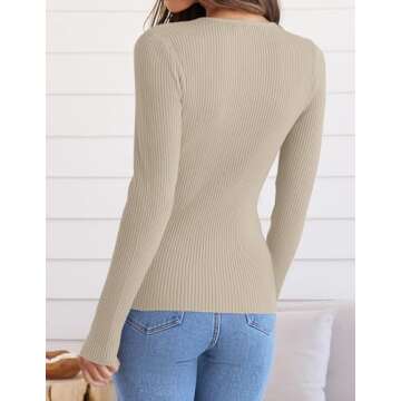 ZESICA Women's Long Sleeve Crewneck Shirts Spring Knit Sweater Slim Fitted Casual Basic Tee Tops,Almond,Small