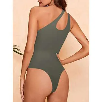 REORIA Women's Summer Sexy One Shoulder Cutout Front Sleeveless One Piece Tank Tops Backless Thong Bodysuits Leotards for Going Out Grey Green Small